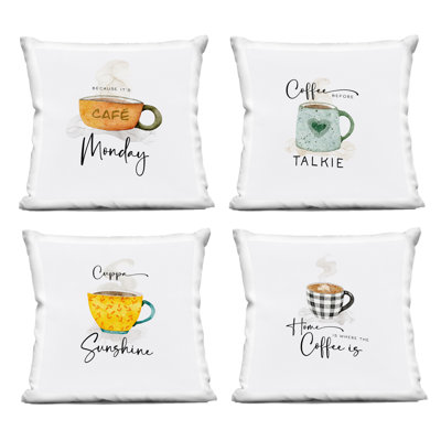 Ensemble de 4 coussins décoratifs imprimés Coffee Delights, par Joy Hall