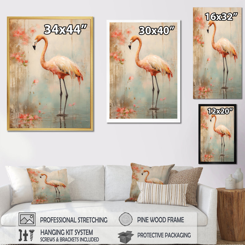 «Pink Flamingo Paradise IV», reproduction sur toile, H 40 po x l 30 po x P 1,5 po, Cadre flottant doré