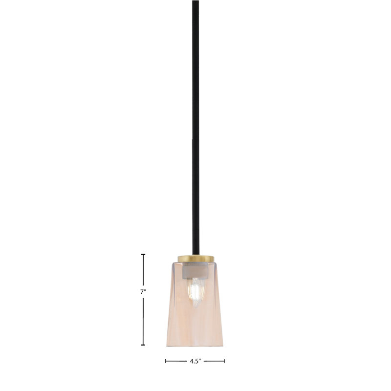 Suspension Anna Stem Hung Mini présentée en finition noir mat et laiton New Age avec verre ambré dégradé de 11,4 cm de large x 16,5 cm de hauteur