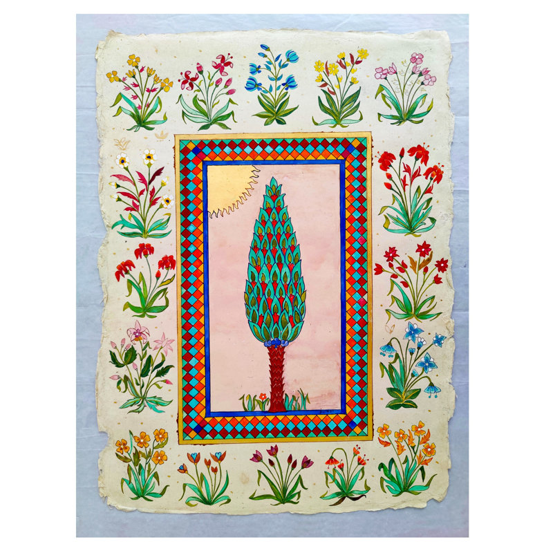 Motif de cyprès et de fleurs | Pigments de pierre sur feuille de wasli | Par Harsh Rastogi