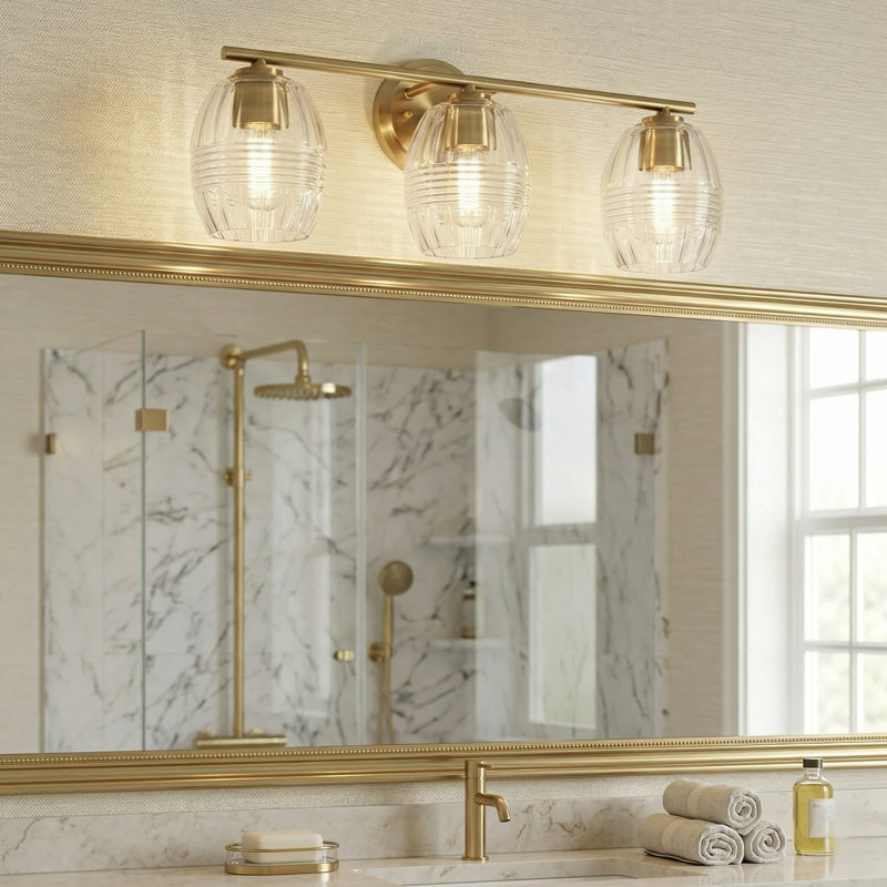 Luster Three Lights Vanity Armed Sconce Clear Glass Satin Brass Metal