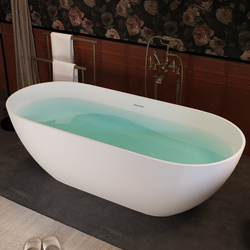 69" Freestanding Solid Surface Stone Resin Bathtub with Overflow and Pop-up Drain, Matte White, 69" H x 29.5" W x 21.63" D
