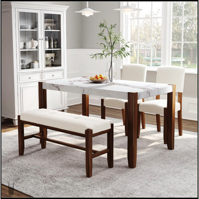 Ensemble de table de salle à manger 4 pièces avec table fixe, plateau en marbre élégant et sièges en banc pour les rassemblements