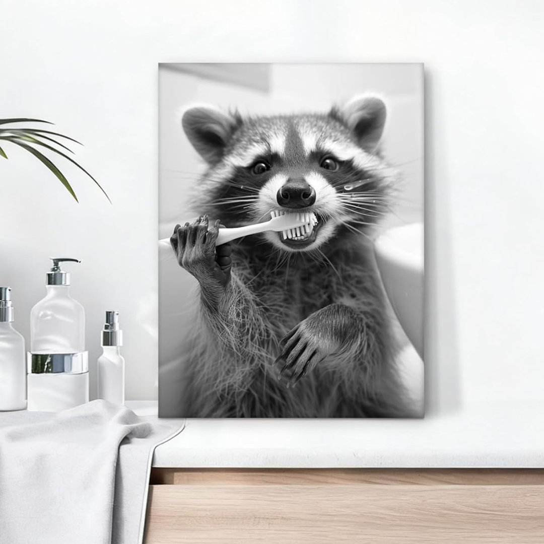 Raccoon Brushing Teeth Framed Wall Art,12X16in Funny Canvas Print For Bathroom, Playful Black And White Racoon With Toothbrush Poster,Cute Wall Decor