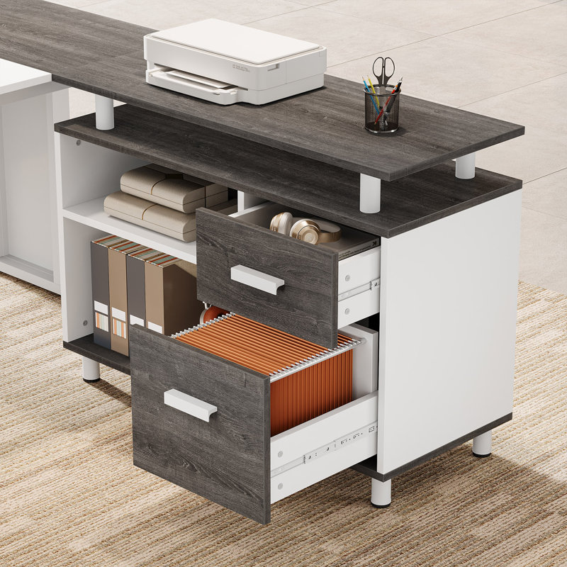 63-Inch Executive Office Desk with File Cabinet, Large Computer Desk Home Office Desk with Drawers and Storage Shelves