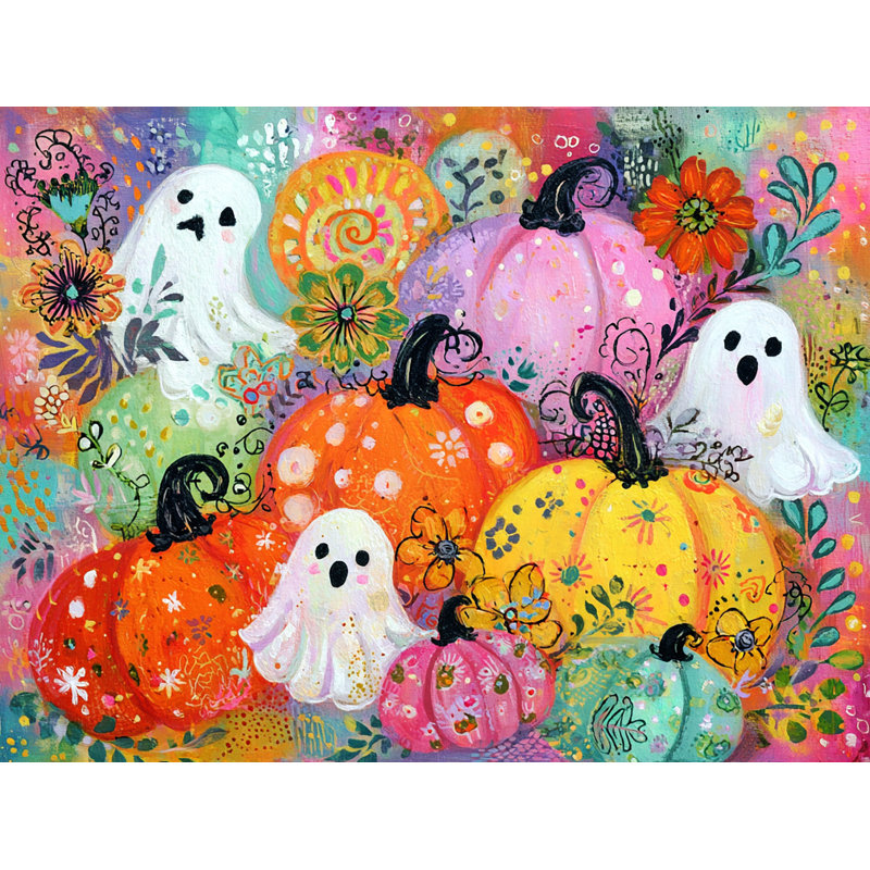 Art mural sur toile ludique, citrouilles et fantômes, H 16 po x l 24 po