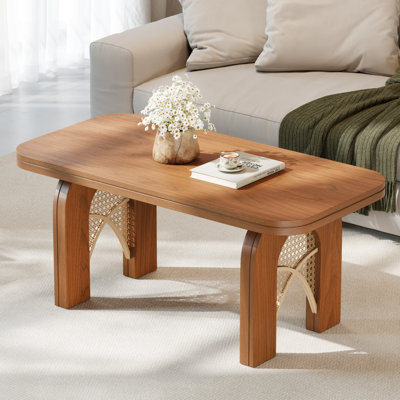 Boho Coffee Table For Living Room, 39" Rattan Coffee Table With Arched Cane Legs, Mid Century Modern Rectangle Wood Center Table For Small Spaces & Apartment,brown