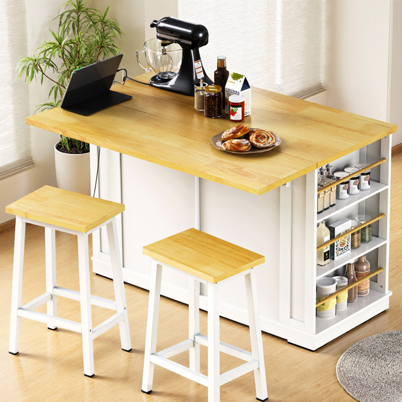 Barre de petit-déjeuner à abattant en forme de losange écrasé, alimentation 3-AC / 2-USB intégrée, supports à épices en bambou, 5 roulettes dissimulées, plateau supérieur de 440 lb