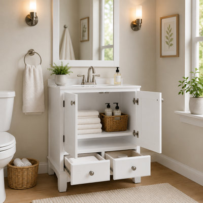 24" Solid Wood Freestanding Bathroom Vanity Cabinet - Cherry Finish, 2 Doors, 2 Drawers, Soft-Close Storage Bathroom Vanity Base (Sink & Countertop Not Included)