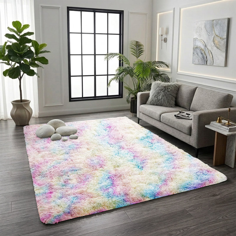 Vibrant Multi-Tone Abstract Rainbow Shag Area Rug - Soft Microfiber Easy-Care Design, Rectangle 60 x 110 cm