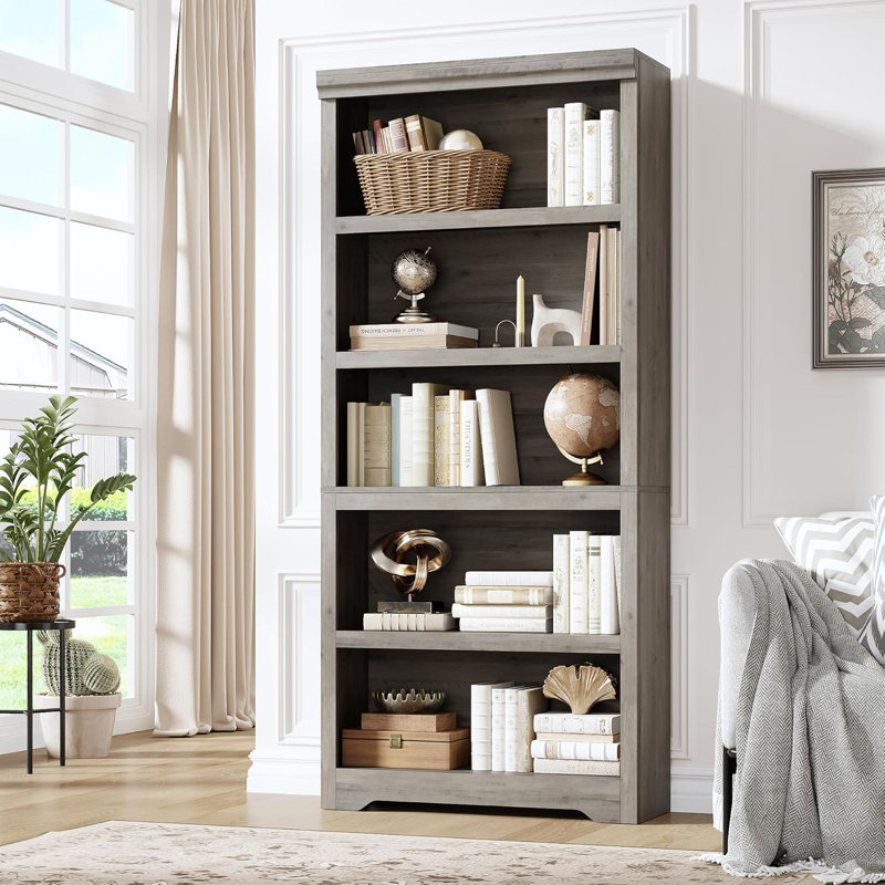 69" W 5-Tier Farmhouse Bookcase with Adjustable Shelves, Open Display Storage Bookshelf for Home Office, Living Room, Study or Balcony