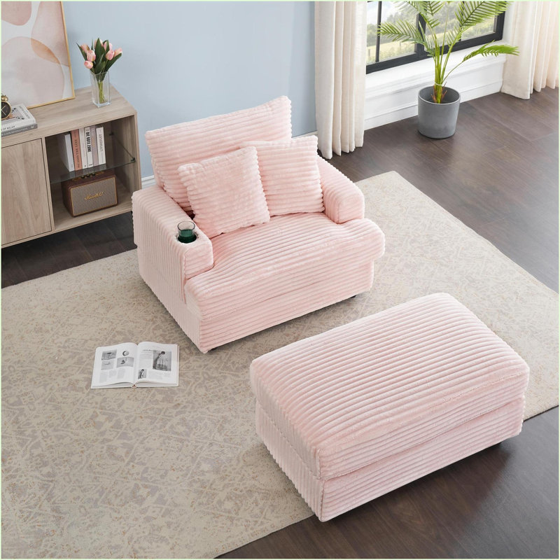 Canapé simple et amp; Ensemble de repose-pieds avec ressorts de 39 pouces avec porte-gobelet, parfait pour le salon / la chambre à coucher | Rose | Velours côtelé