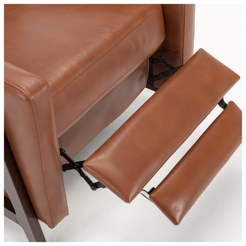 Fauteuil inclinable manuel Madeline en similicuir gel caramel avec cadre en bois exposé Mid-Century