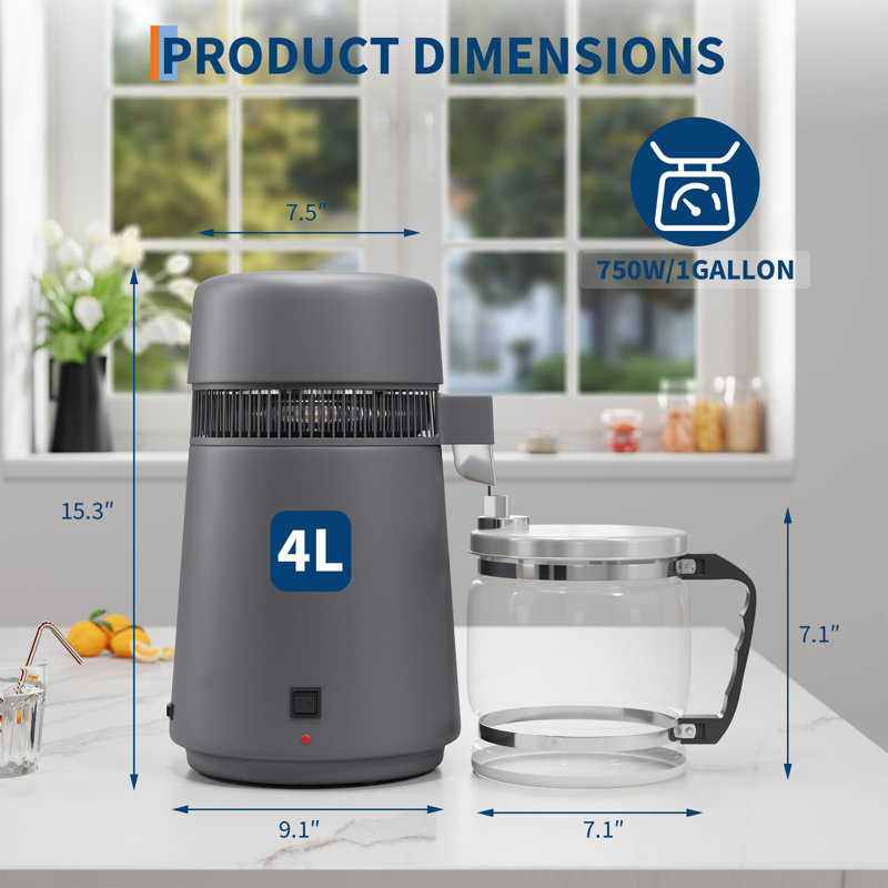Countertop Water Distiller 4L, 750W Stainless Steel Distilled Water Maker - Digital Display & Timer - Glass Jug, Metallic Gray - 750W 4L Metallic Gray Glass Pot