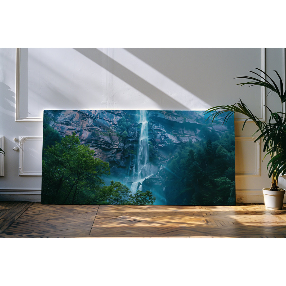 Gerahmtes Bild auf Leinwand 120x60cm Wasserfall Berg Klippe Natur Gebirge