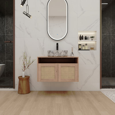 30" Bathroom Vanity with Ceramic Art Sink, 2-Soft Close Door, Float Mounting Design, Plywood (KD-Packing)