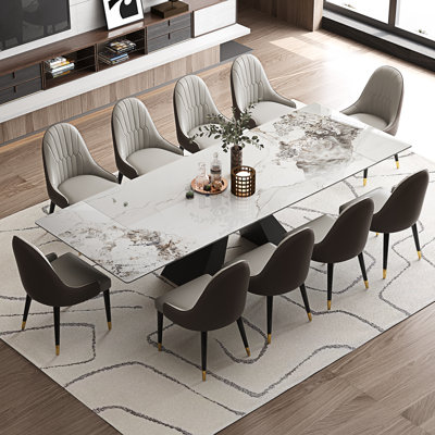 Ensemble de table de salle à manger avec table extensible en fritté de 94,5 po et 8 chaises en similicuir