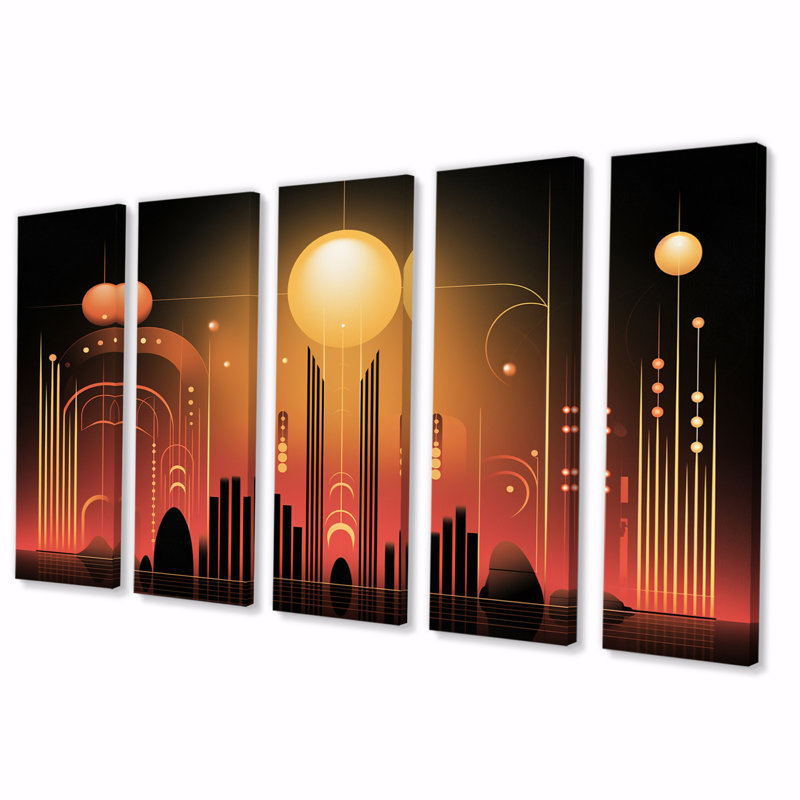 Art nouveau géométrique rose City Retrofuturistic - City Wall Art salon - 5 panneaux égaux