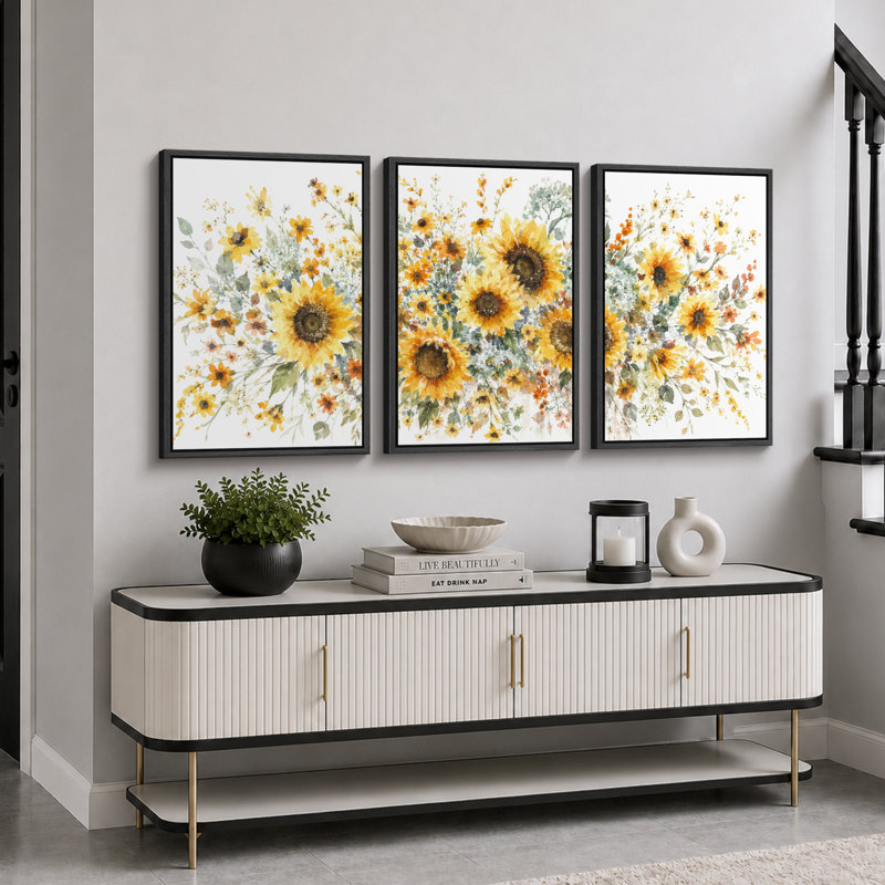 Tournesol, bouquet de fleurs, photos de la cuisine, impression sur toile encadrée, 3 pièces, 36" H x 72" W x 1.5" D