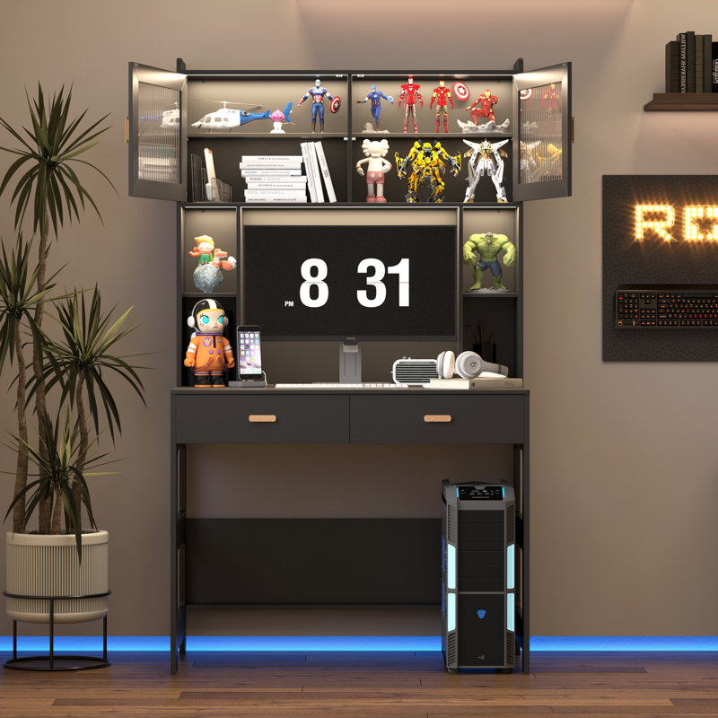 Bureau d'ordinateur l 40 po avec huche et armoire Shona, Noir
