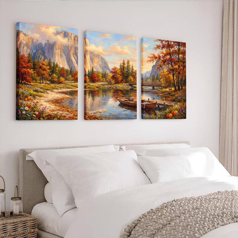 Ensemble de 3 tableaux sur toile tendue représentant un paysage d'automne avec montagnes, rivière et bateaux, 2030