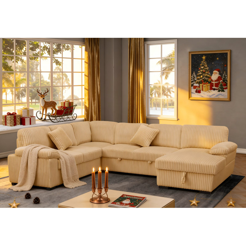U-Shaped Sectional Modular Corduroy Sleeper Sofa With Pull Out Bed&Storage Ottoman, Light Camel Corduroy