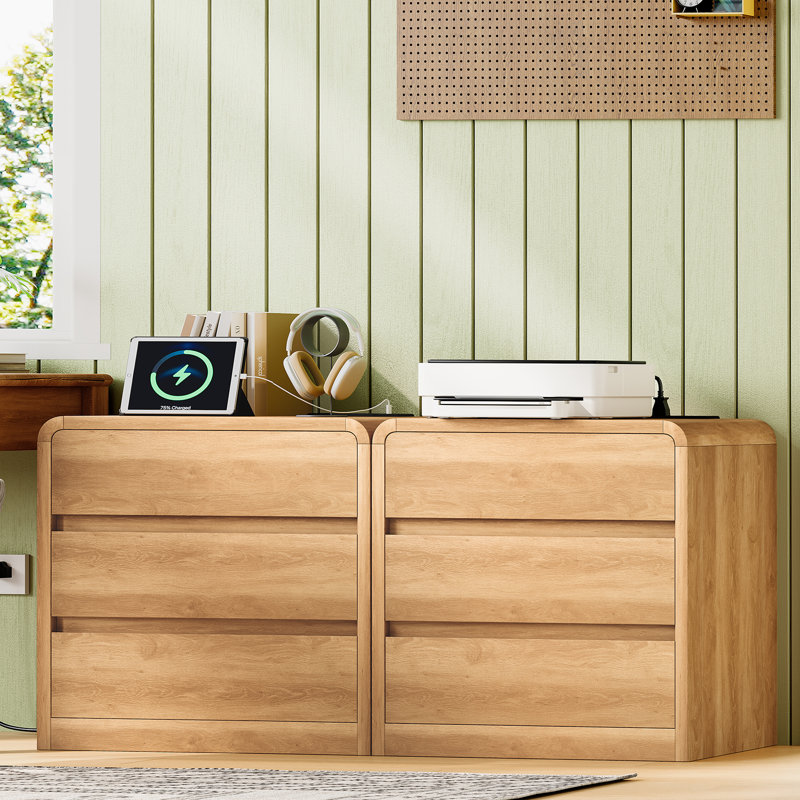 Nightstands(Set Of 2), With Charging Station, 3-Drawer Arched End Table For Small Space, For Bedroom, Living Room, Natural