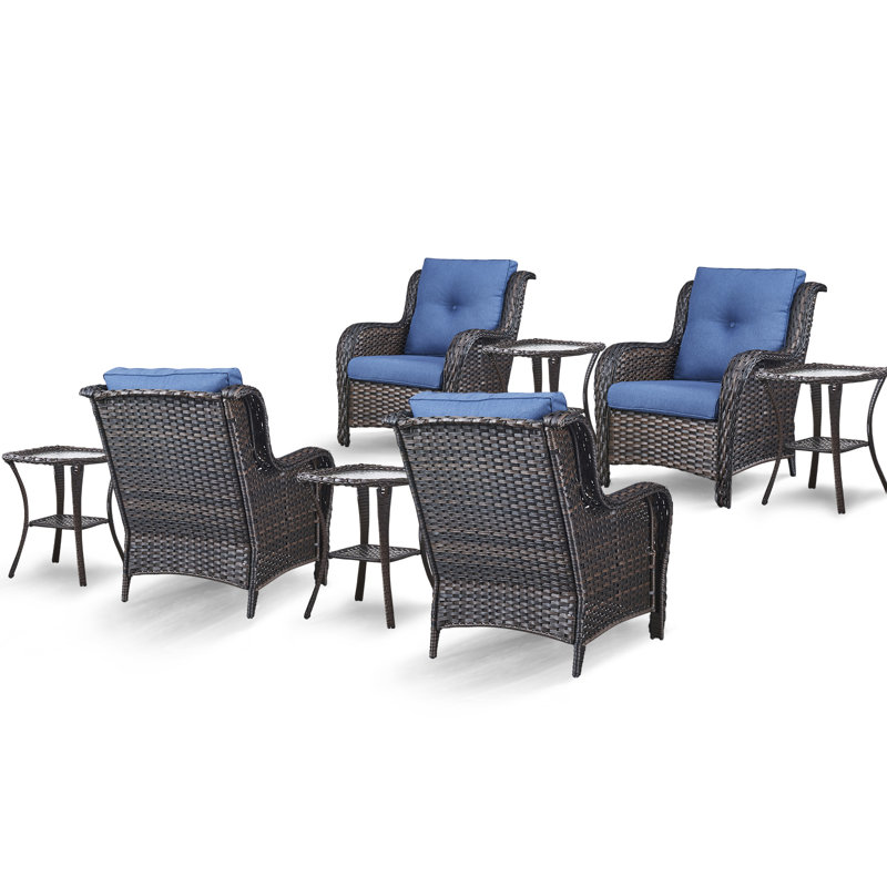 Ensemble de conversation à plusieurs chaises en rotin 8 pièces avec coussins et table d'appoint Schutt, Brun, Bleu