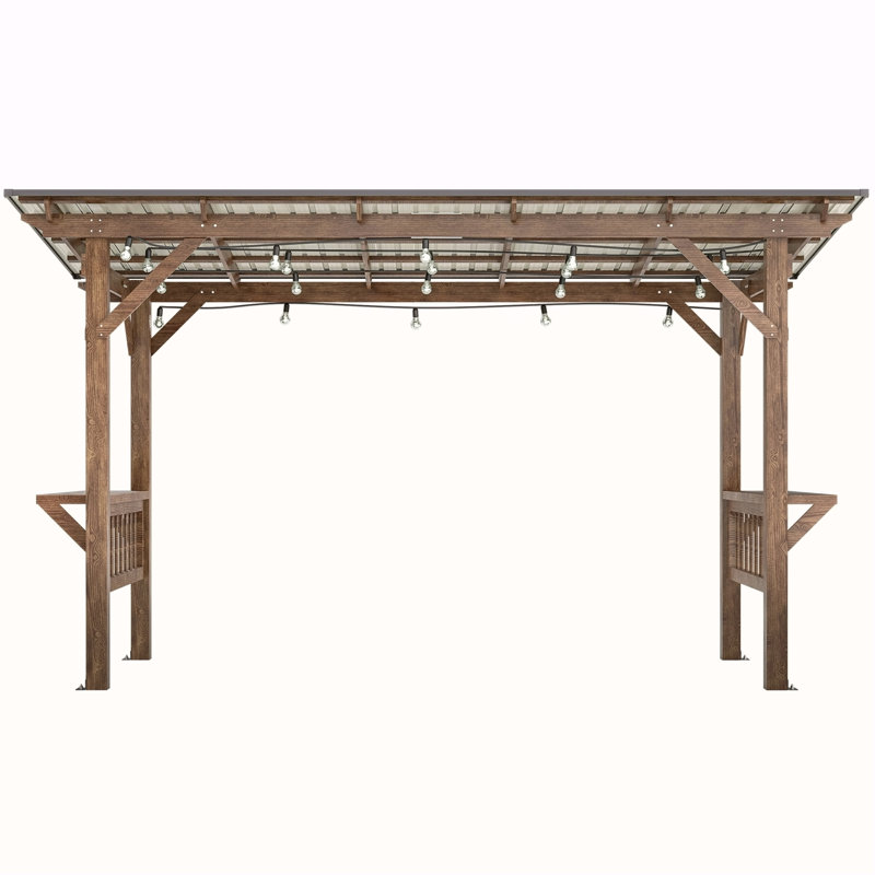 Pavillon de jardin en forme de pergola en bois 13 'X 6,5' avec toit en métal et ampoules et comptoirs de bar