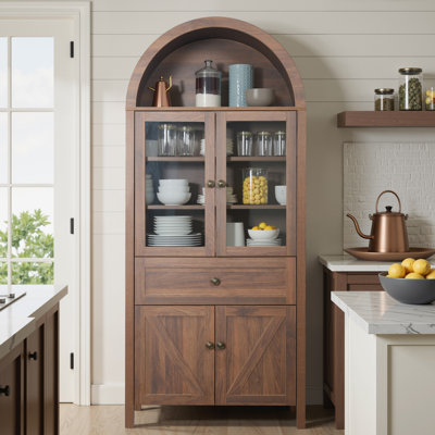 Arched Tall Kitchen Pantry, Retro Wood Storage Cabinet with Bookshelf & Sideboard,Walnut