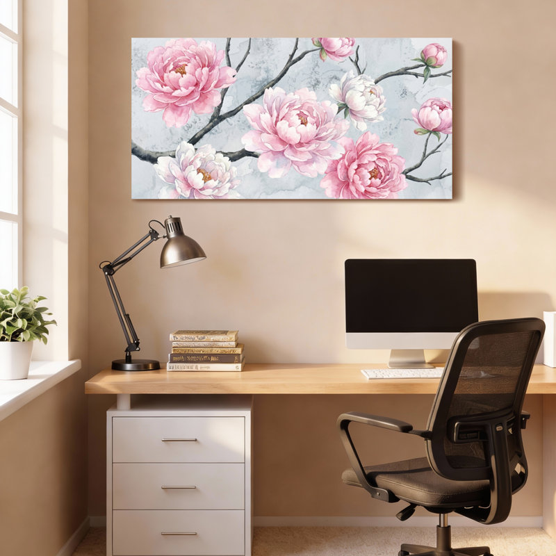 Pivoine rose, reproduction d'art sur toile tendue sur toile pour le décor de chambre à coucher, H 16 po x l 32 po