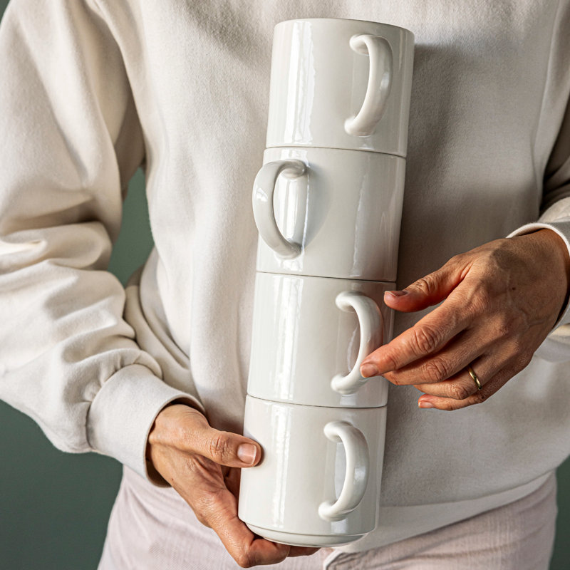 Over&Back Stackable Semi-Matte Hand-Finished Stoneware Mugs, Set of 4, Glossy White