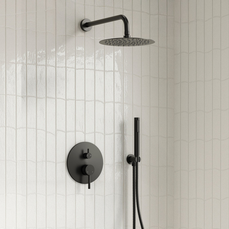  Système de douche à pression équilibrée, robinet de douche à pluie de 10 pouces avec valve brute, Noir mat, 2.0