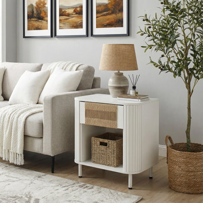 Cord End Table with Storage Drawer and Open Shelf Nightstand for Living Room, Bedroom