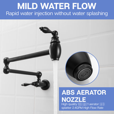 Commercial Wall Mount Pot Filler, Brass Kitchen Folding Faucet, Black Finish, Contemporary Design, 360 Rotatable Spout, Easy To Operate, Smooth And Safe Matte Black, Style, Double Joint Swing Arms,