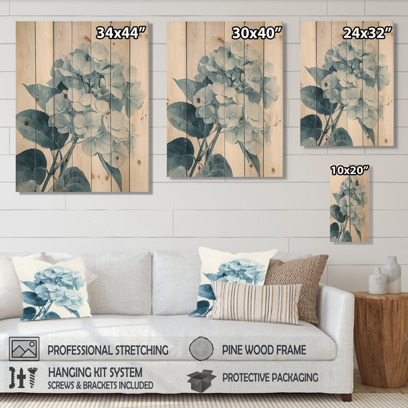 Hortensias monochromes dans l'ombre du jardin I - impression d'hortensias sur bois de pin naturel