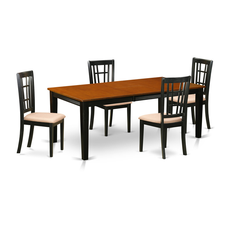L'ensemble de table de cuisine 5 pièces pour 4 personnes comprend une table de salle à manger rectangulaire avec rallonge papillon et 4 chaises de salle à manger en tissu de lin, noir et cerise