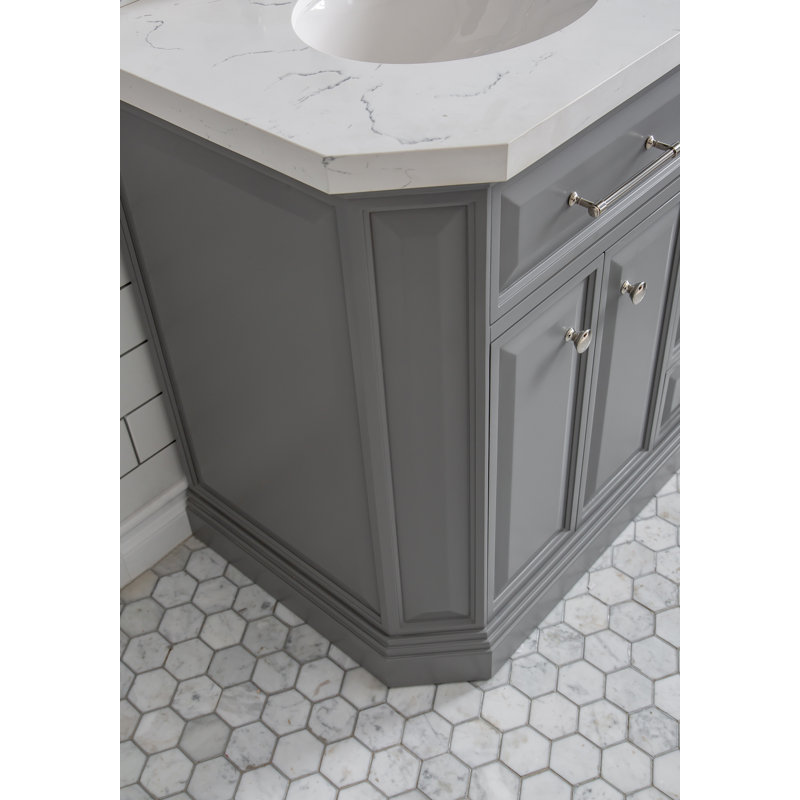 72" Palace Collection Quartz Carrara Cashmere Grey Bathroom Vanity Set With Hardware, Mirror in Polished Nickel (PVD) Finish