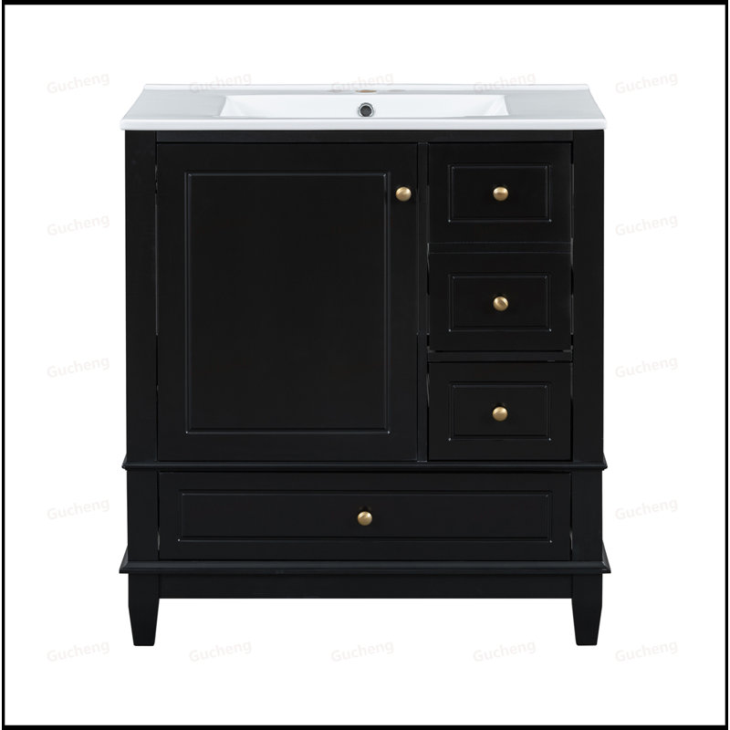30" Bathroom Vanity With Sink,Left Door Right Drawer, Black