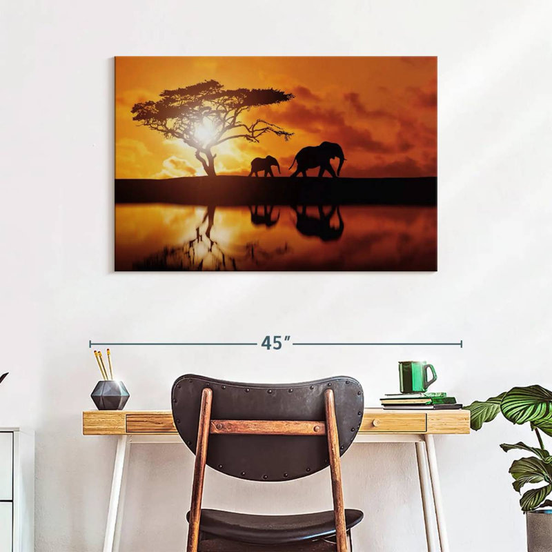 Brampt Elephant Silhouettes At Sunset, 26" H x 39" W