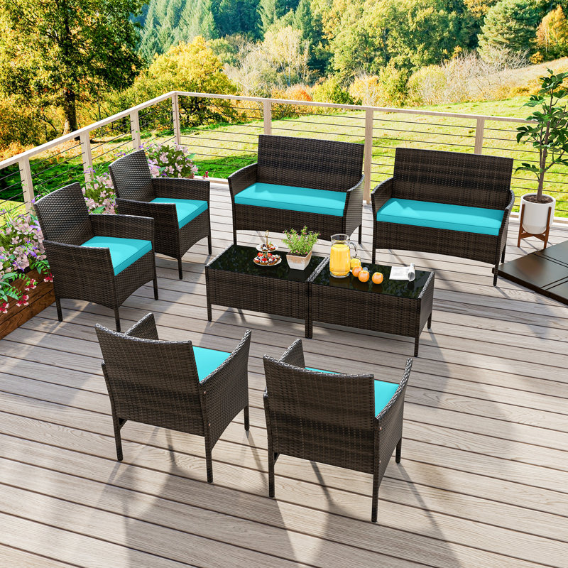 Klea Wicker 8 - Person Patio Conversation Set with Cushions, Turquoise