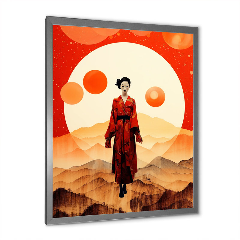 Geisha japonaise pleine lune, H 44 po x l 34 po x P 1,5 po, Cadre photo argenté