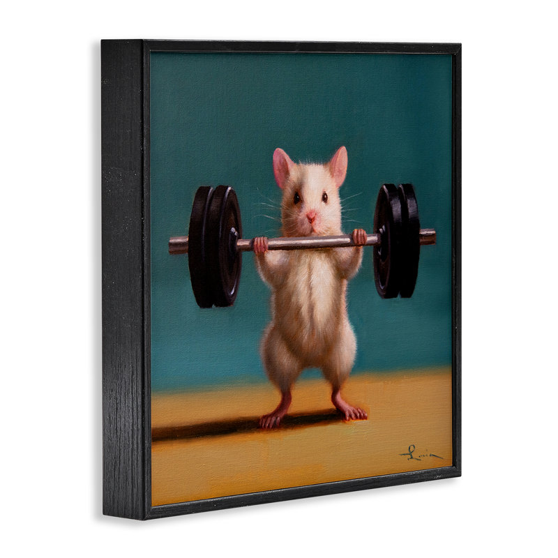 «Power Lifting Mouse», art de la giclée encadrée par Lucia Heffernan, H 17 po x l 17 po, Giclée encadrée noir minuit