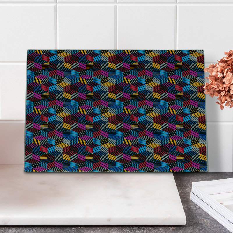 Ambesonne Geometric Tempered Glass Cutting Board 3D Cube Stripes Style Multicolor