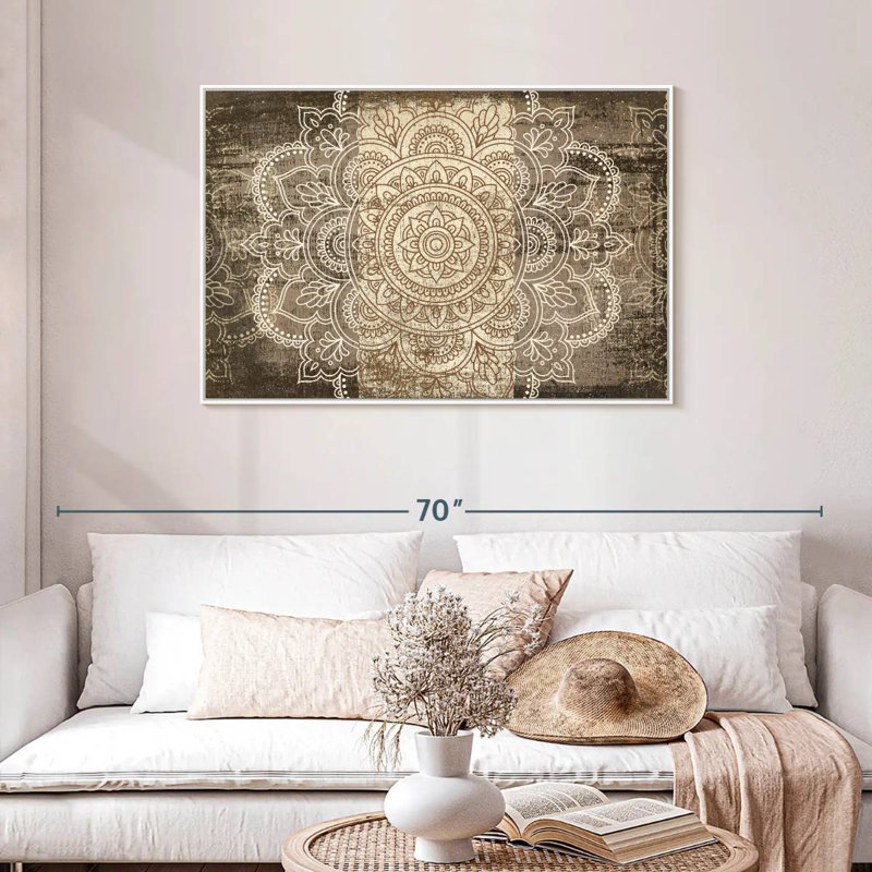 Mandala sur bois, Cadre flottant blanc, 43 po x 29 po