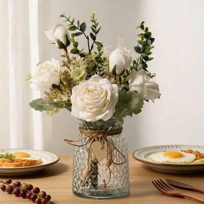 Artificial Flower Arrangement In Vase, Silk Roses And Eucalyptus Faux Plant Centerpiece For Home Office Table Decor, Farmhouse Dining Room Decorations