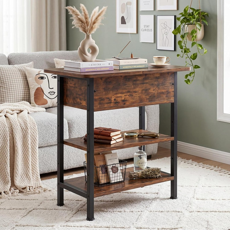 Table de bout avec station de charge, table d'appoint rabattable avec ports USB et prise de courant, table de chevet à 3 niveaux pour le salon et la chambre à coucher, brun rustique