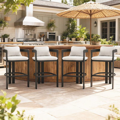 Outdoor Patio Aluminum Counter Stool, Bar Chair, Black Frame With Grey Cushion, Set Of 4
