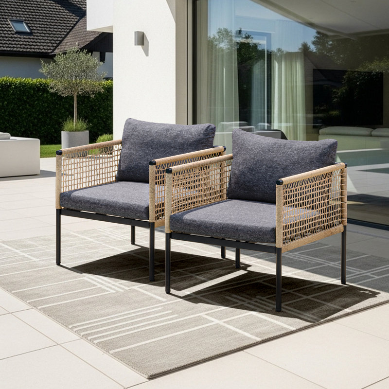 Oscar 2 Pieces Wicker Metal Outdoor Lounge Chair With Black Cushions