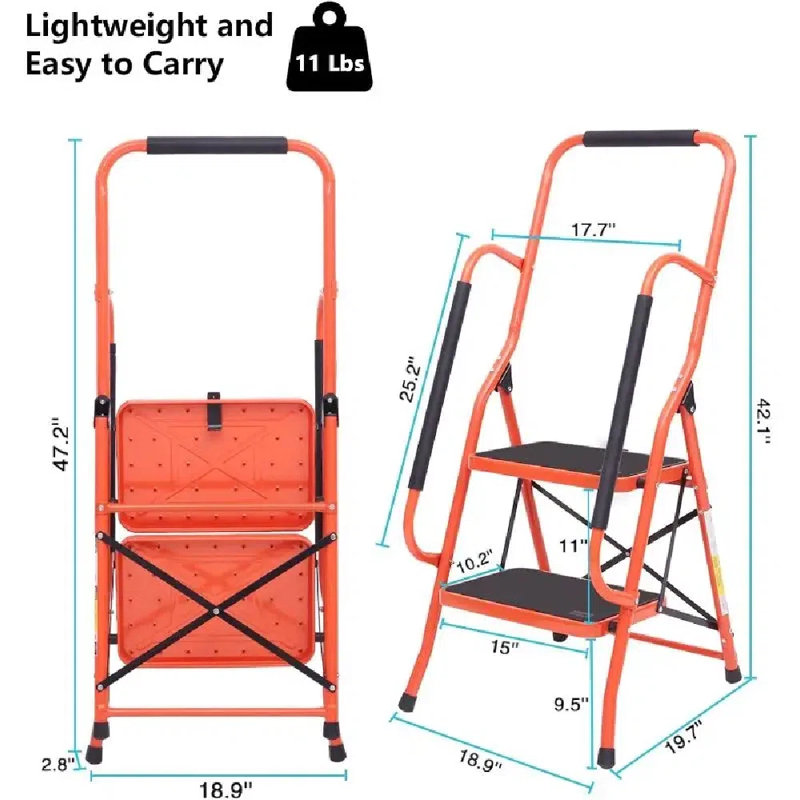 Échelle de sécurité pour marches Escabeaux latéraux rembourrés en acier antidérapant avec pédales de grande surface pour la maison et le bureau 500 lb (2 marches)
